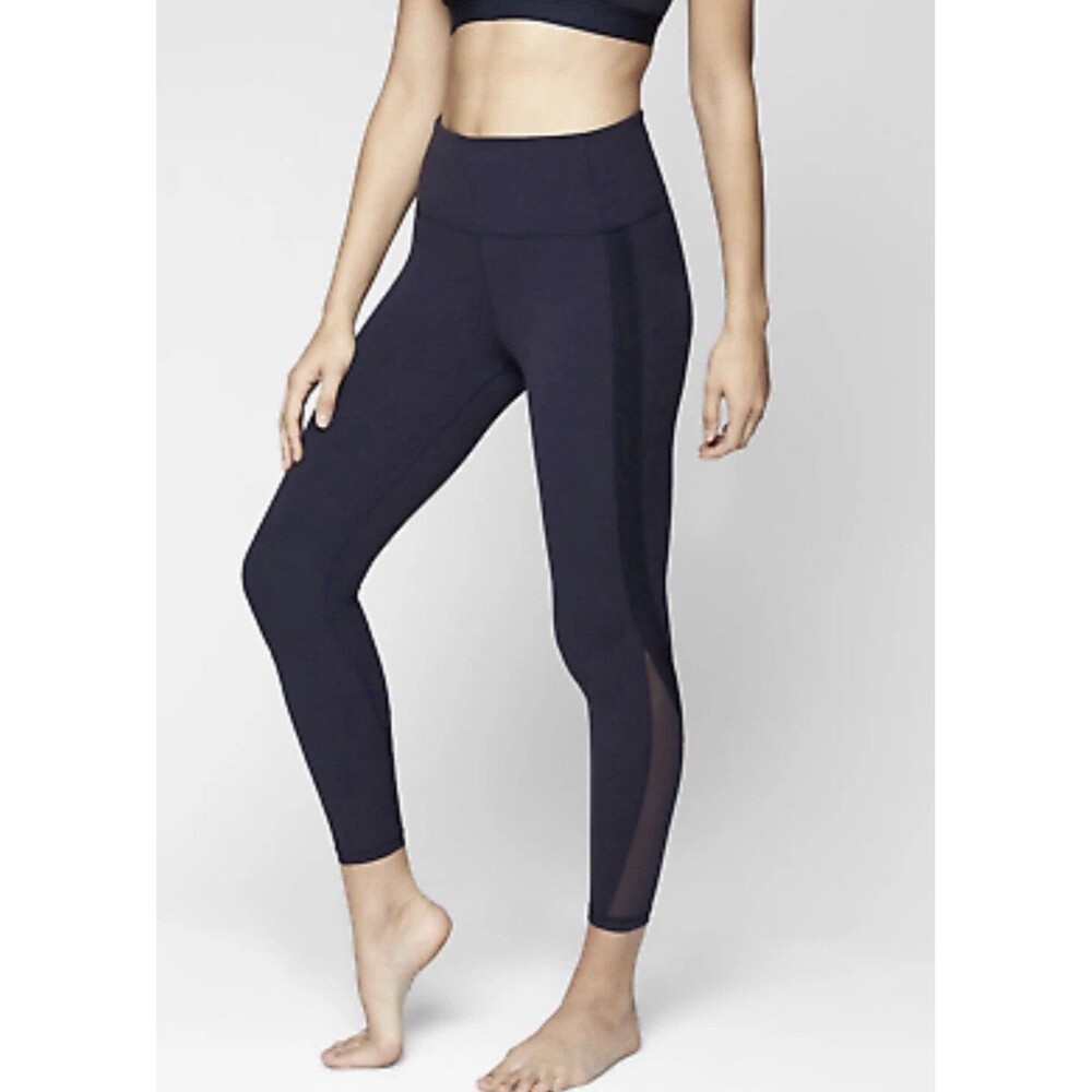 Athleta Women’s Side Stripe, Mesh Legging Navy Blue Size L Yoga 305922 EUC